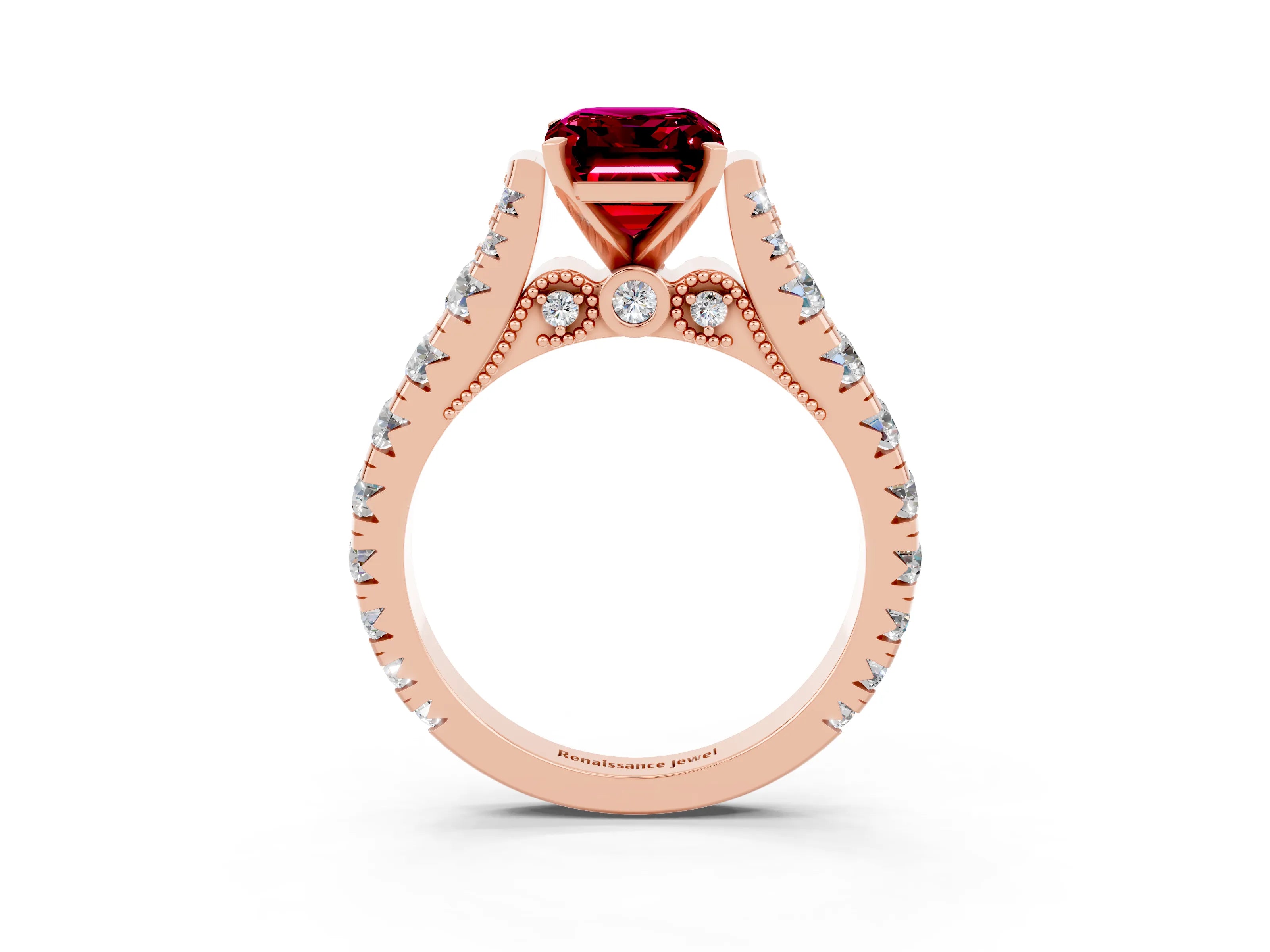 Rose gold Emerald Cut Garnet Classic Solitaire Ring with Pavé Band and Four-Prong Setting_3