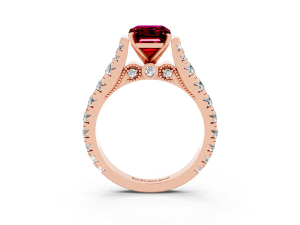 Rose gold Emerald Cut Garnet Classic Solitaire Ring with Pavé Band and Four-Prong Setting