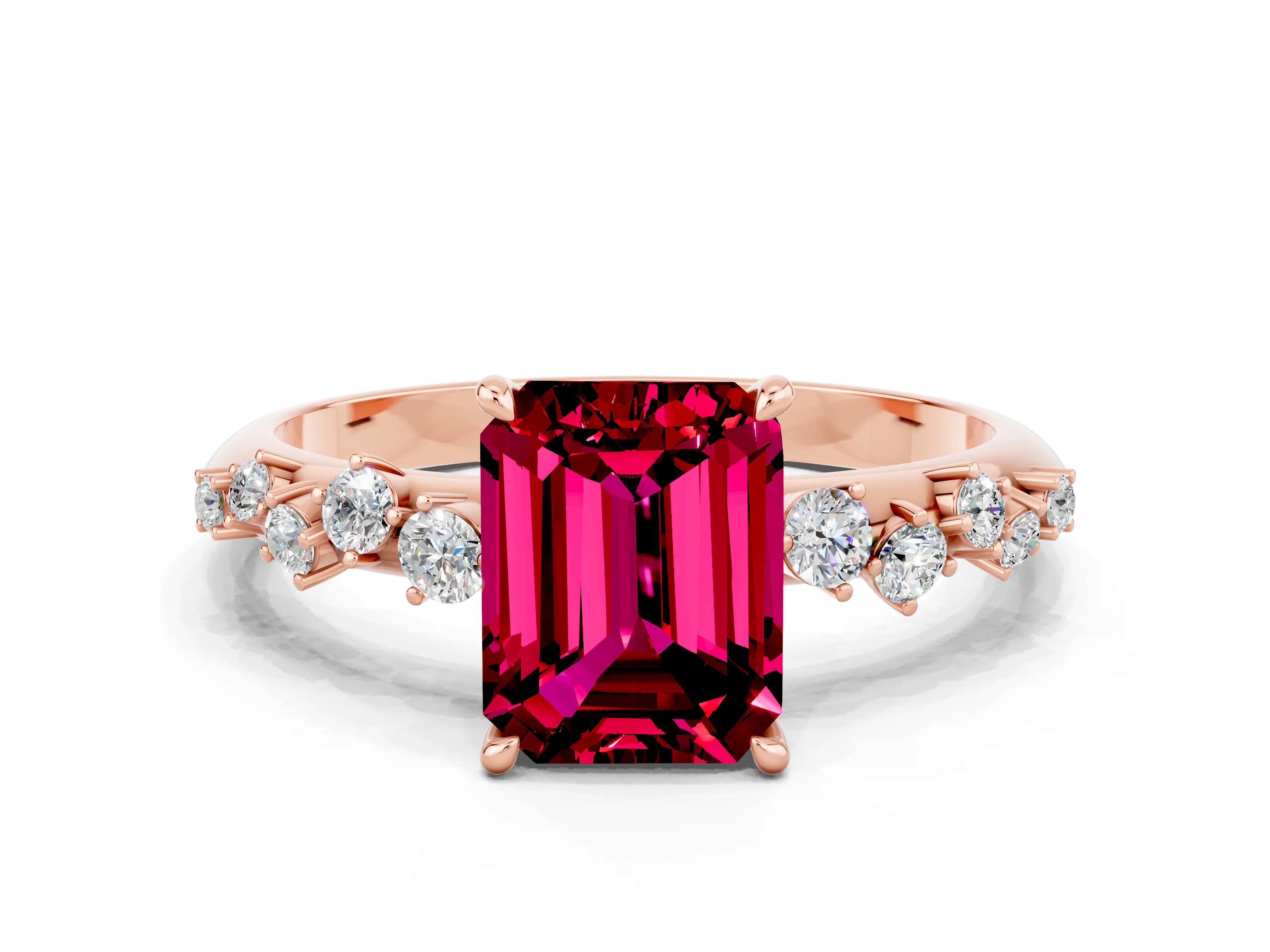 Rose gold Emerald Cut Garnet Cluster Side Stone Solitaire Ring with Prong Setting_24