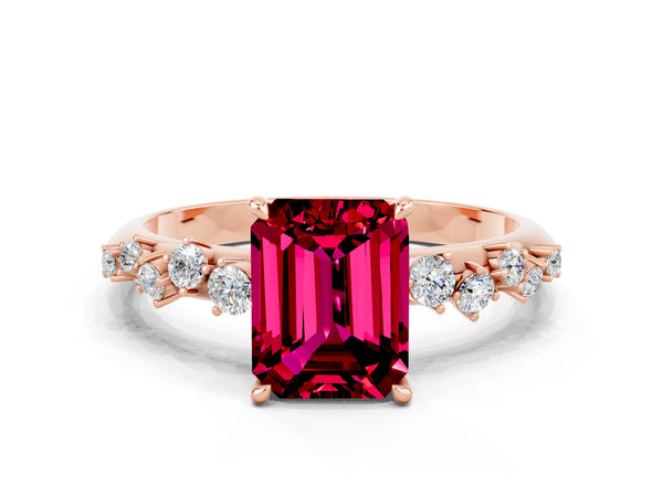 Rose gold Emerald Cut Garnet Cluster Side Stone Solitaire Ring with Prong Setting