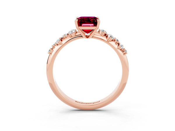 Rose gold Emerald Cut Garnet Cluster Side Stone Solitaire Ring with Prong Setting