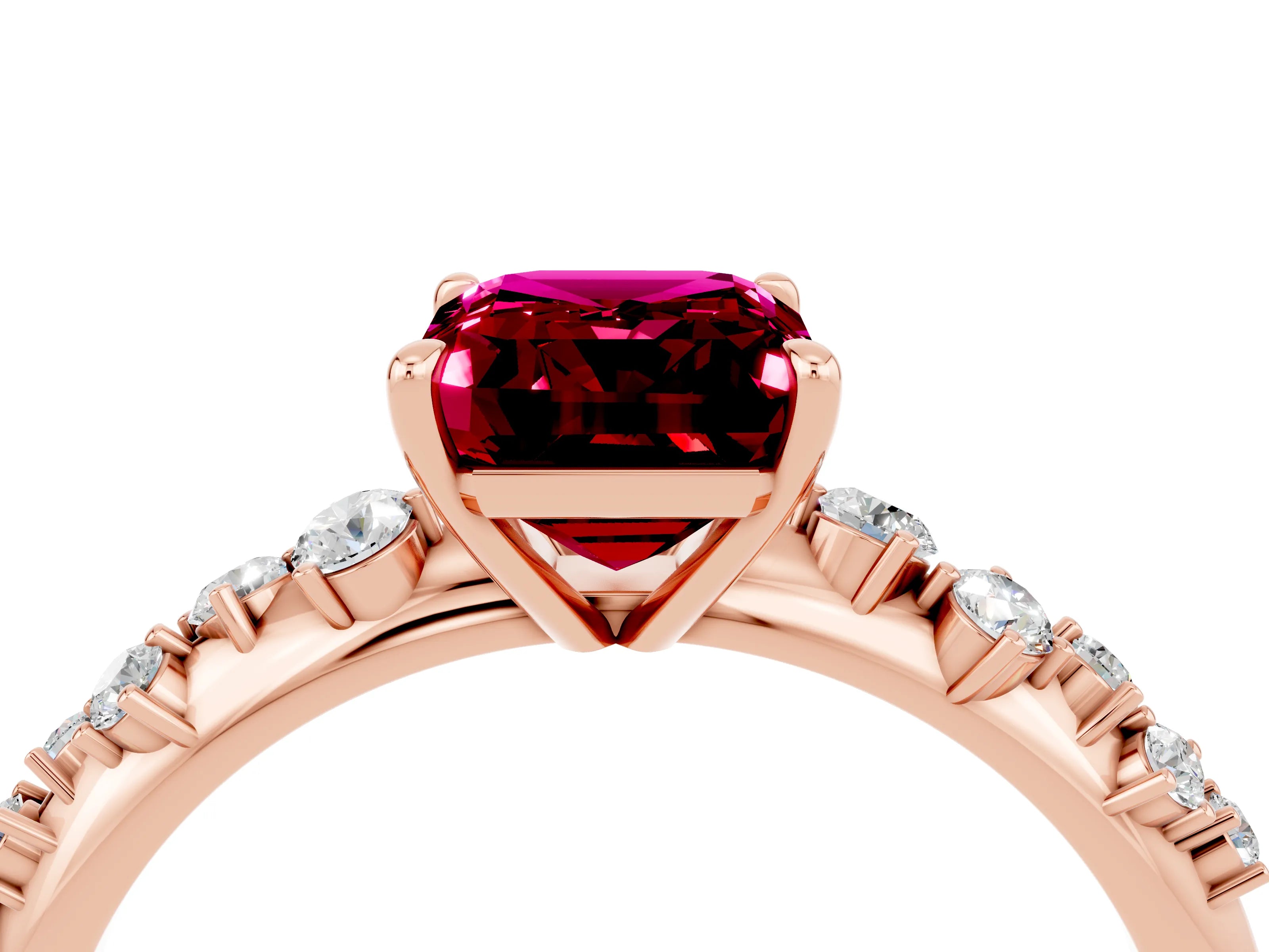 Rose gold Emerald Cut Garnet Cluster Side Stone Solitaire Ring with Prong Setting_28