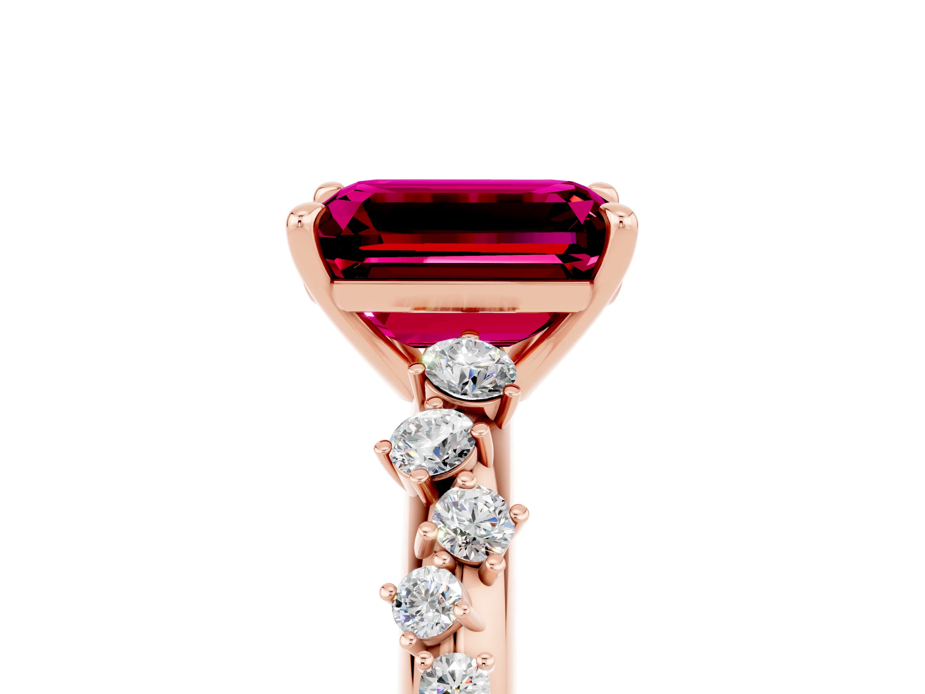 Rose gold Emerald Cut Garnet Cluster Side Stone Solitaire Ring with Prong Setting_29