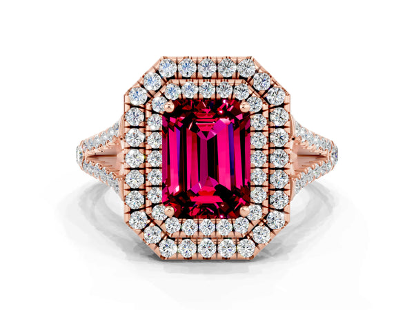 Rose gold Emerald Cut Garnet Double Halo Ring with Pavé Band and Prong Setting