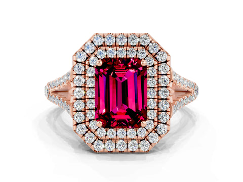 Rose gold Emerald Cut Garnet Double Halo Ring with Pavé Band and Prong Setting_12