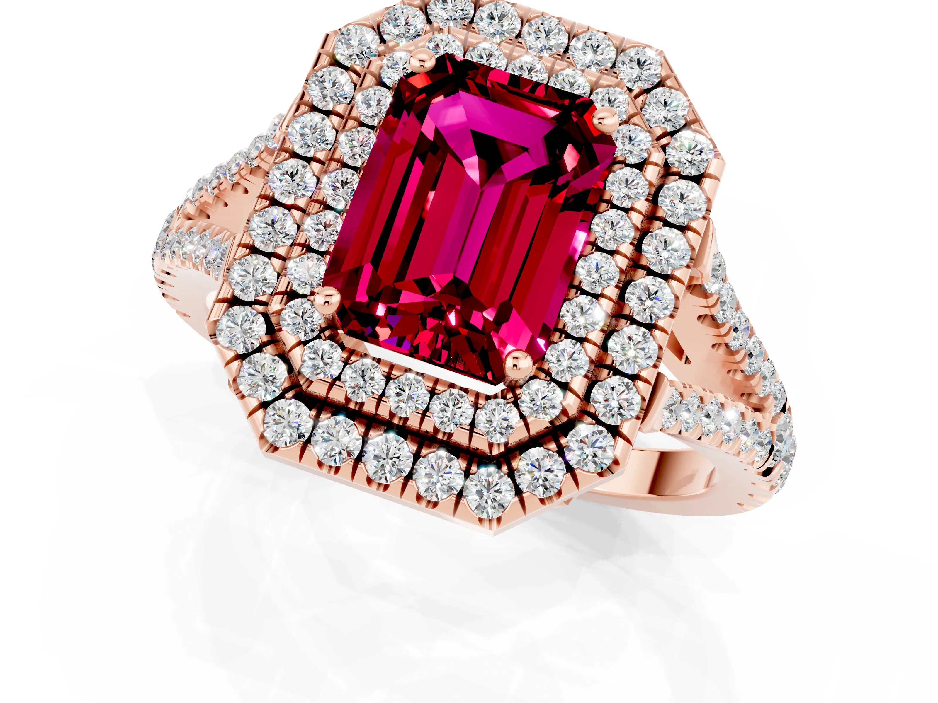 Rose gold Emerald Cut Garnet Double Halo Ring with Pavé Band and Prong Setting_13