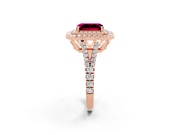 Rose gold Emerald Cut Garnet Double Halo Ring with Pavé Band and Prong Setting