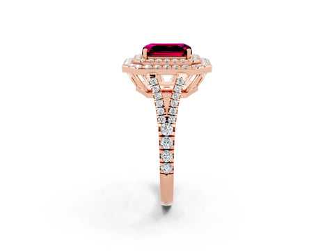 Rose gold Emerald Cut Garnet Double Halo Ring with Pavé Band and Prong Setting_14