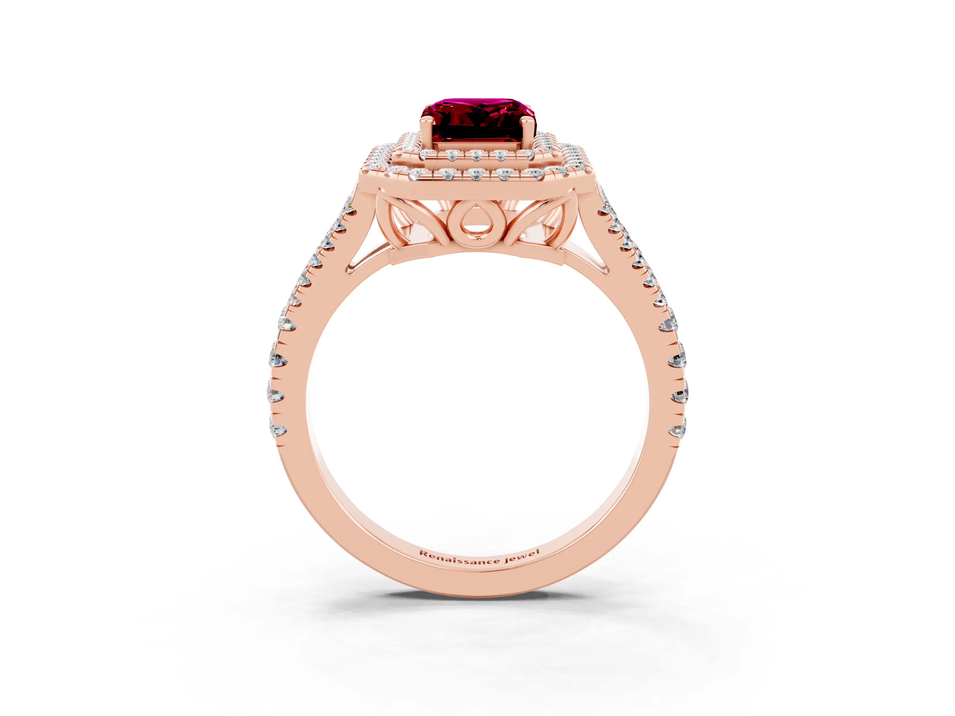 Rose gold Emerald Cut Garnet Double Halo Ring with Pavé Band and Prong Setting_15