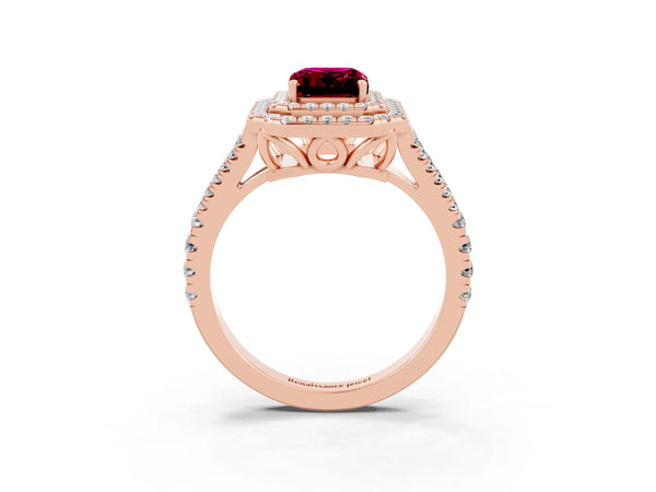 Rose gold Emerald Cut Garnet Double Halo Ring with Pavé Band and Prong Setting