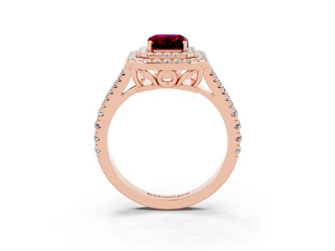 Rose gold Emerald Cut Garnet Double Halo Ring with Pavé Band and Prong Setting_15