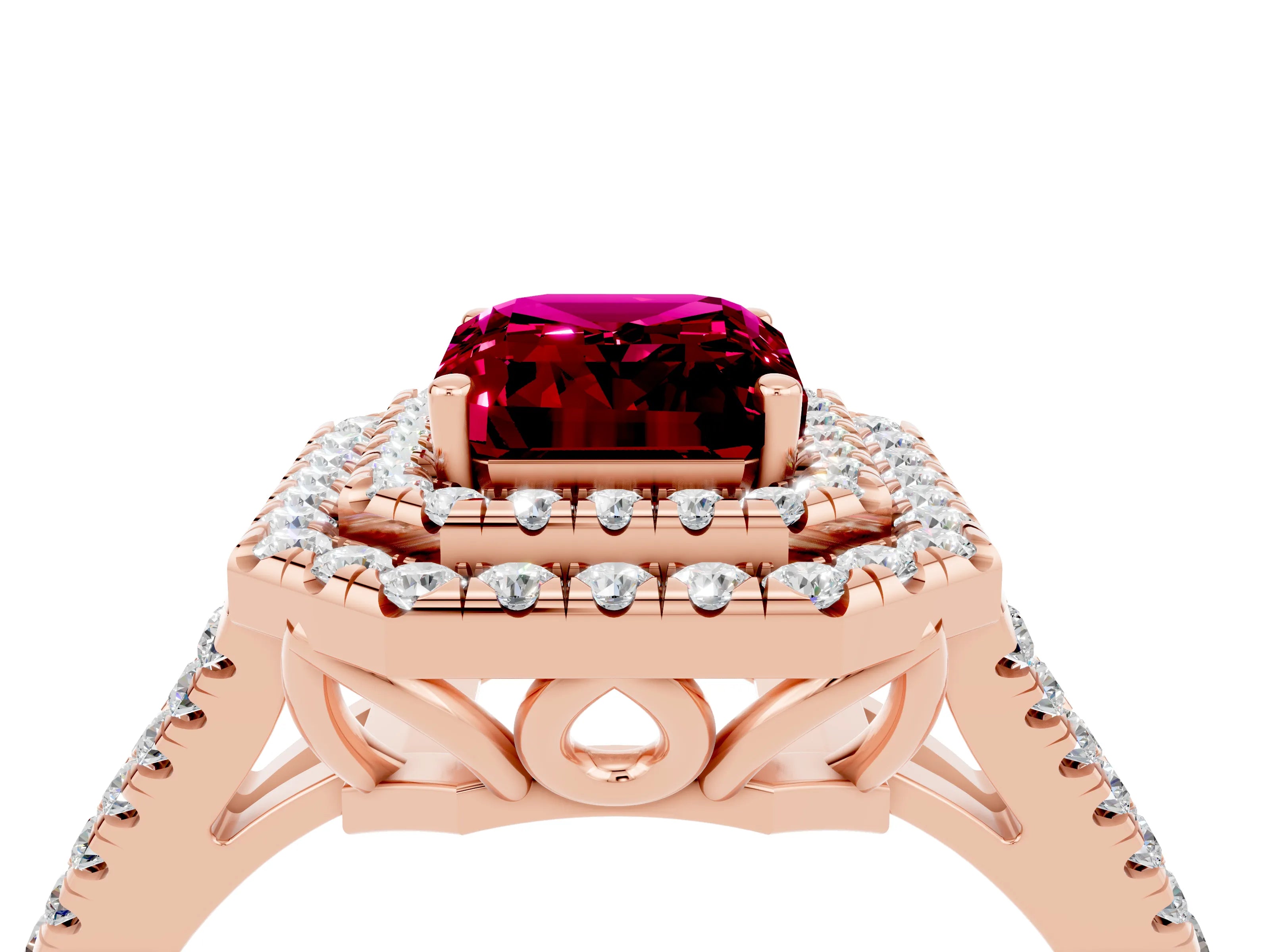 Rose gold Emerald Cut Garnet Double Halo Ring with Pavé Band and Prong Setting_16