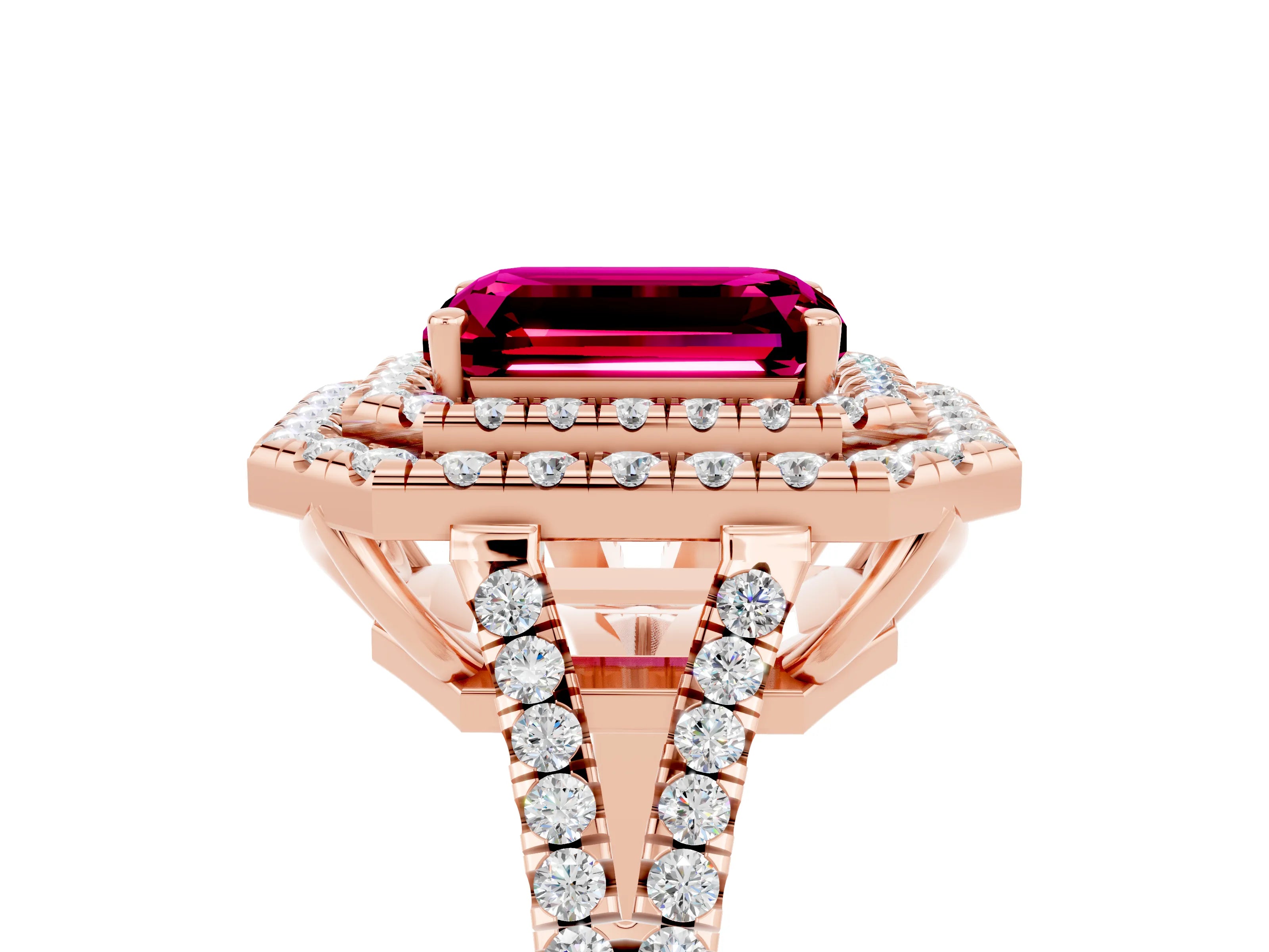 Rose gold Emerald Cut Garnet Double Halo Ring with Pavé Band and Prong Setting_17