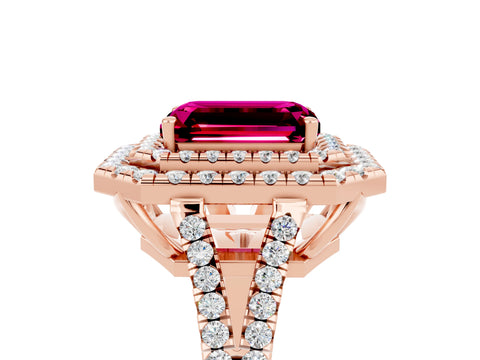 Rose gold Emerald Cut Garnet Double Halo Ring with Pavé Band and Prong Setting_17