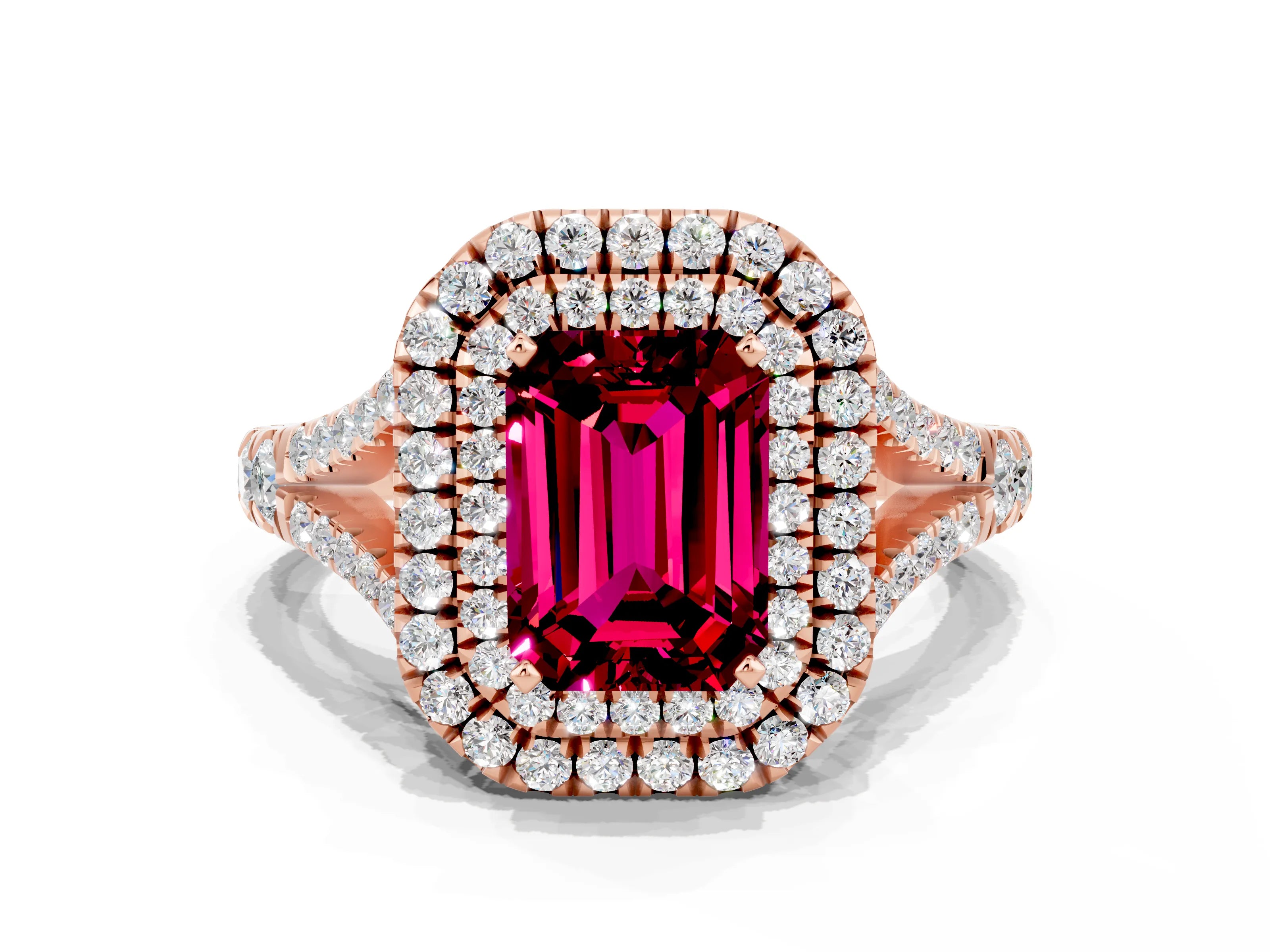 Rose gold Emerald Cut Garnet Double Halo Ring with Split Shank and Prong Setting_12