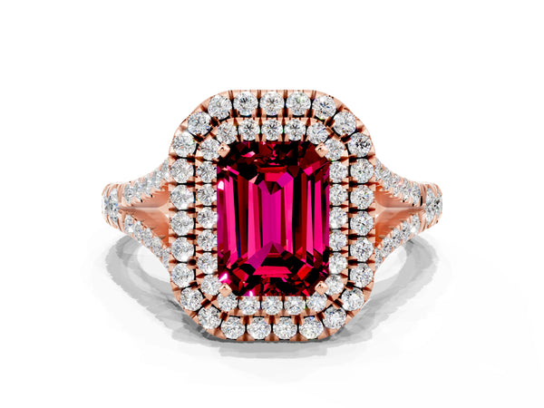 Rose gold Emerald Cut Garnet Double Halo Ring with Split Shank and Prong Setting