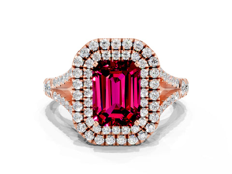 Rose gold Emerald Cut Garnet Double Halo Ring with Split Shank and Prong Setting_12