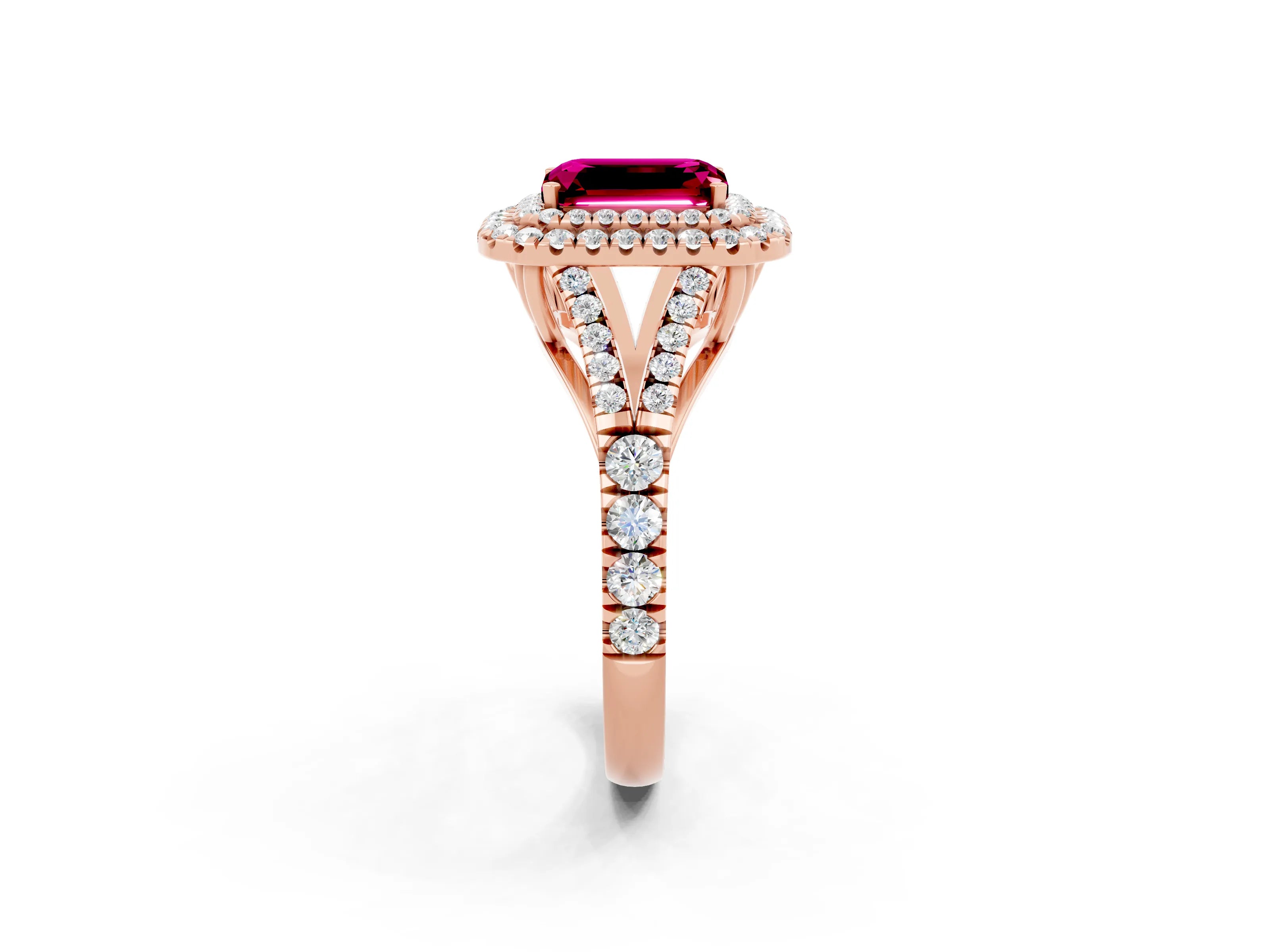 Rose gold Emerald Cut Garnet Double Halo Ring with Split Shank and Prong Setting_14