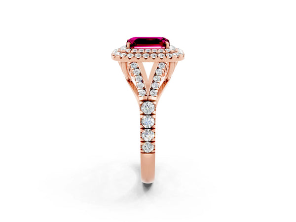 Rose gold Emerald Cut Garnet Double Halo Ring with Split Shank and Prong Setting