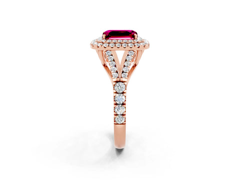 Rose gold Emerald Cut Garnet Double Halo Ring with Split Shank and Prong Setting_14