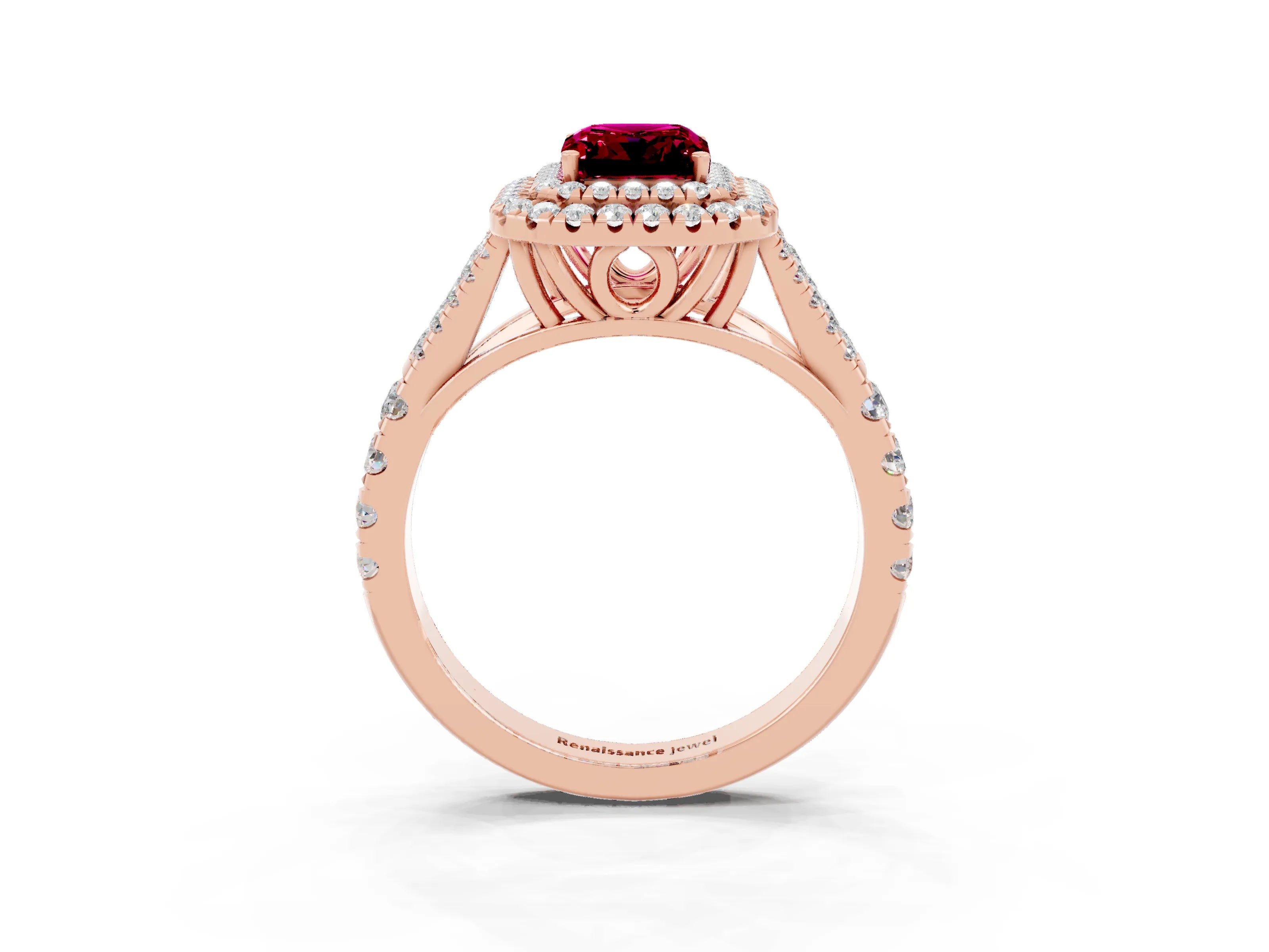 Rose gold Emerald Cut Garnet Double Halo Ring with Split Shank and Prong Setting_15