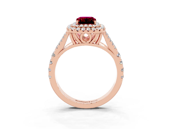 Rose gold Emerald Cut Garnet Double Halo Ring with Split Shank and Prong Setting