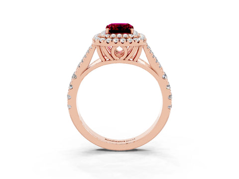 Rose gold Emerald Cut Garnet Double Halo Ring with Split Shank and Prong Setting_15