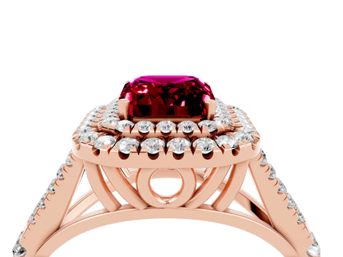 Rose gold Emerald Cut Garnet Double Halo Ring with Split Shank and Prong Setting_16