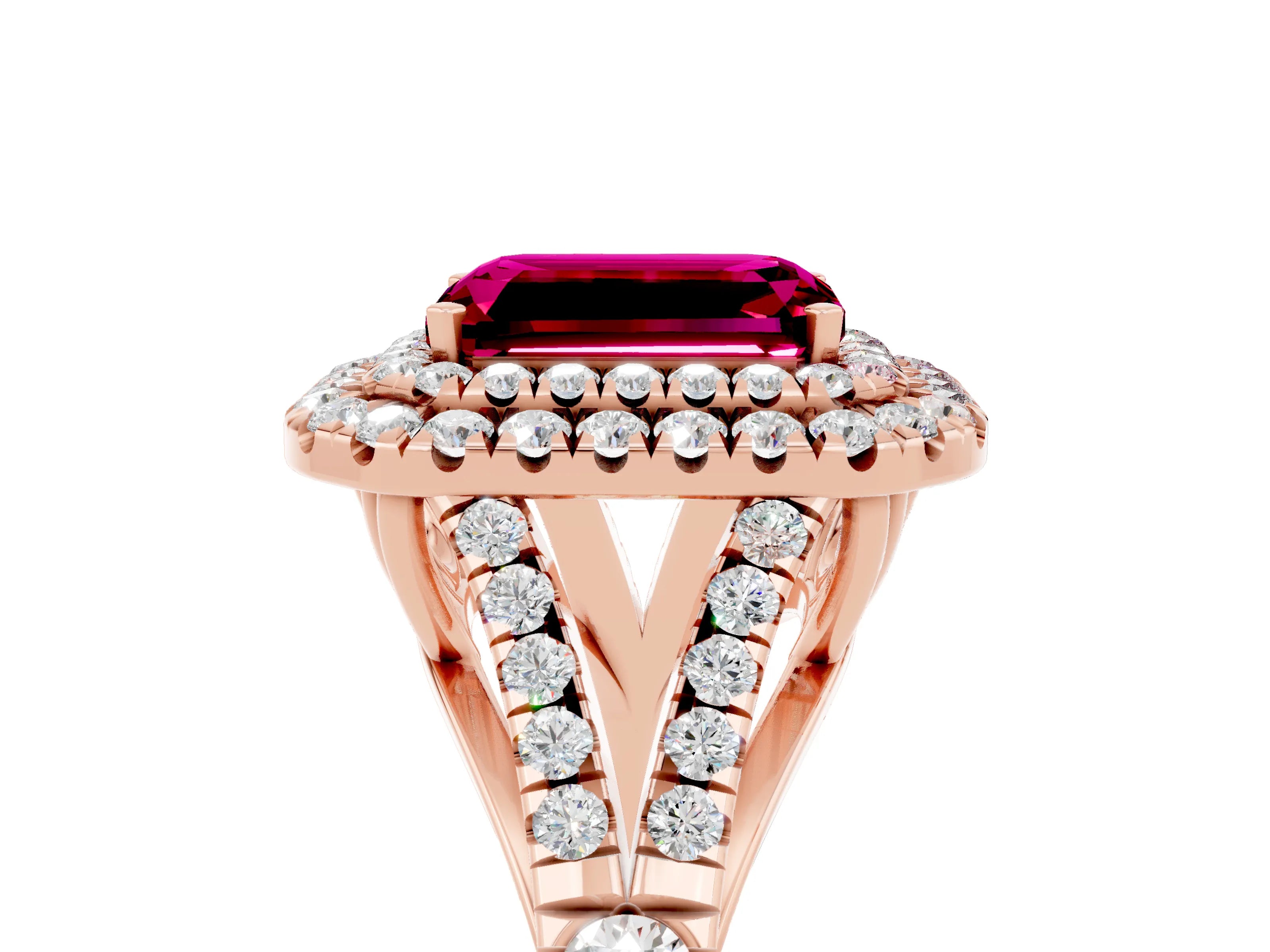 Rose gold Emerald Cut Garnet Double Halo Ring with Split Shank and Prong Setting_17