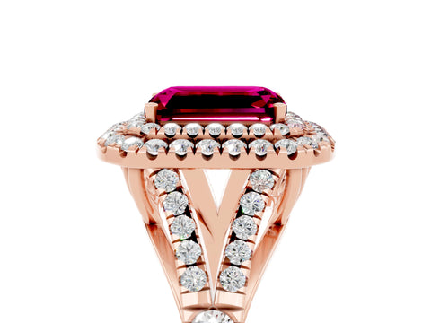 Rose gold Emerald Cut Garnet Double Halo Ring with Split Shank and Prong Setting_17