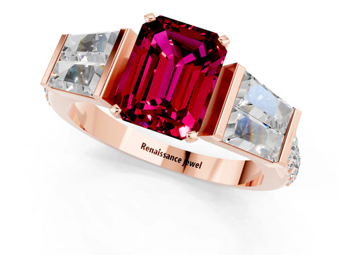 Rose gold Emerald Cut Garnet Engagement Ring with Baguette Side Stones and Channel Set Band_1