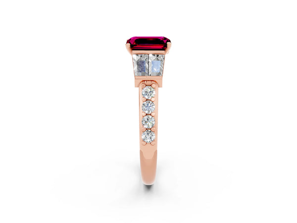 Rose gold Emerald Cut Garnet Engagement Ring with Baguette Side Stones and Channel Set Band