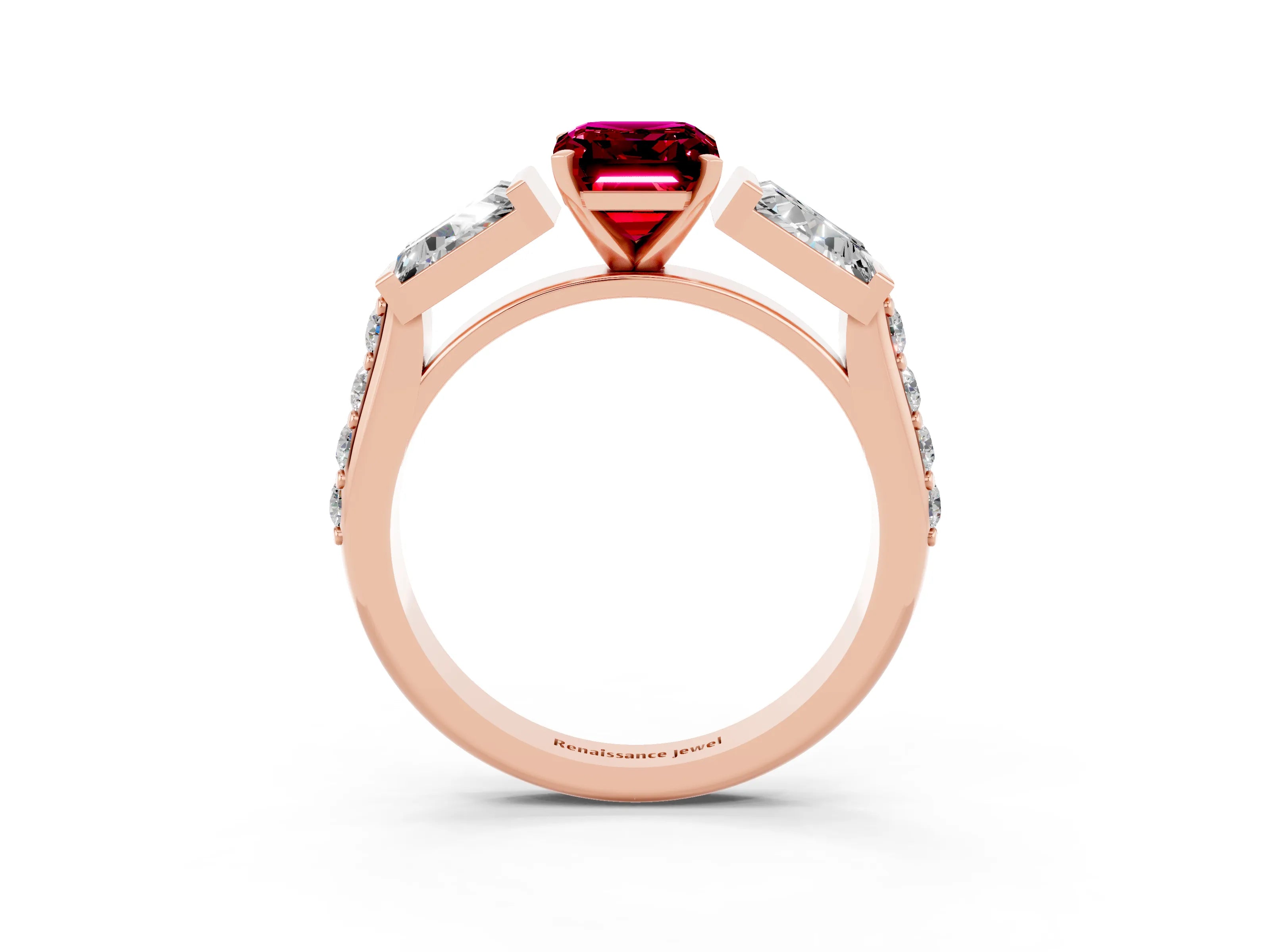 Rose gold Emerald Cut Garnet Engagement Ring with Baguette Side Stones and Channel Set Band_3