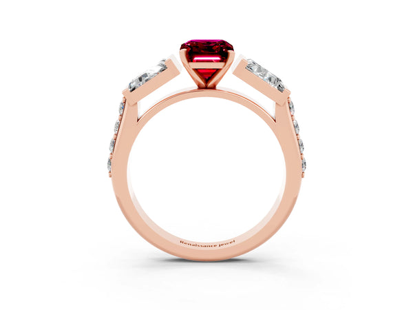 Rose gold Emerald Cut Garnet Engagement Ring with Baguette Side Stones and Channel Set Band