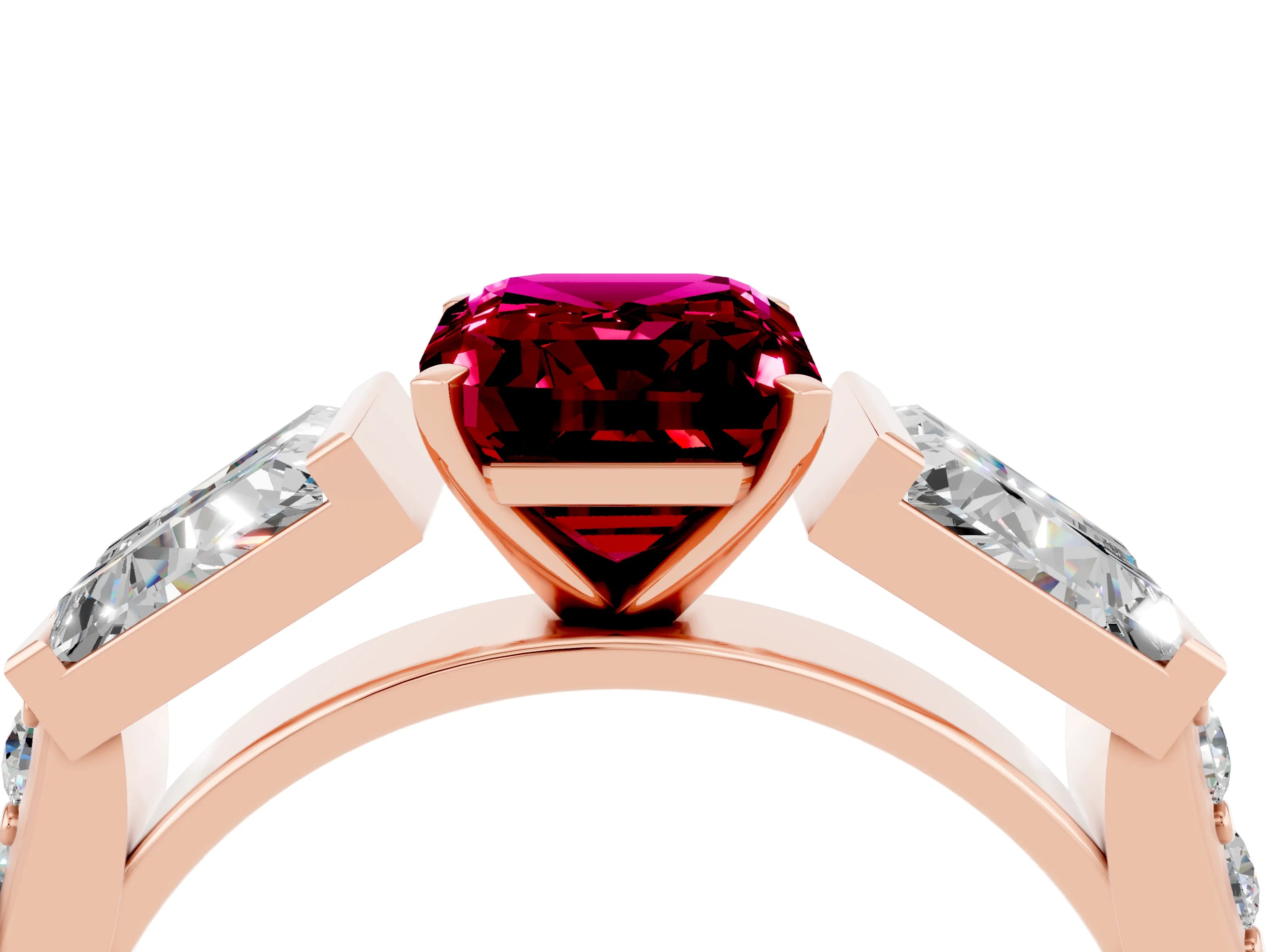 Rose gold Emerald Cut Garnet Engagement Ring with Baguette Side Stones and Channel Set Band_4