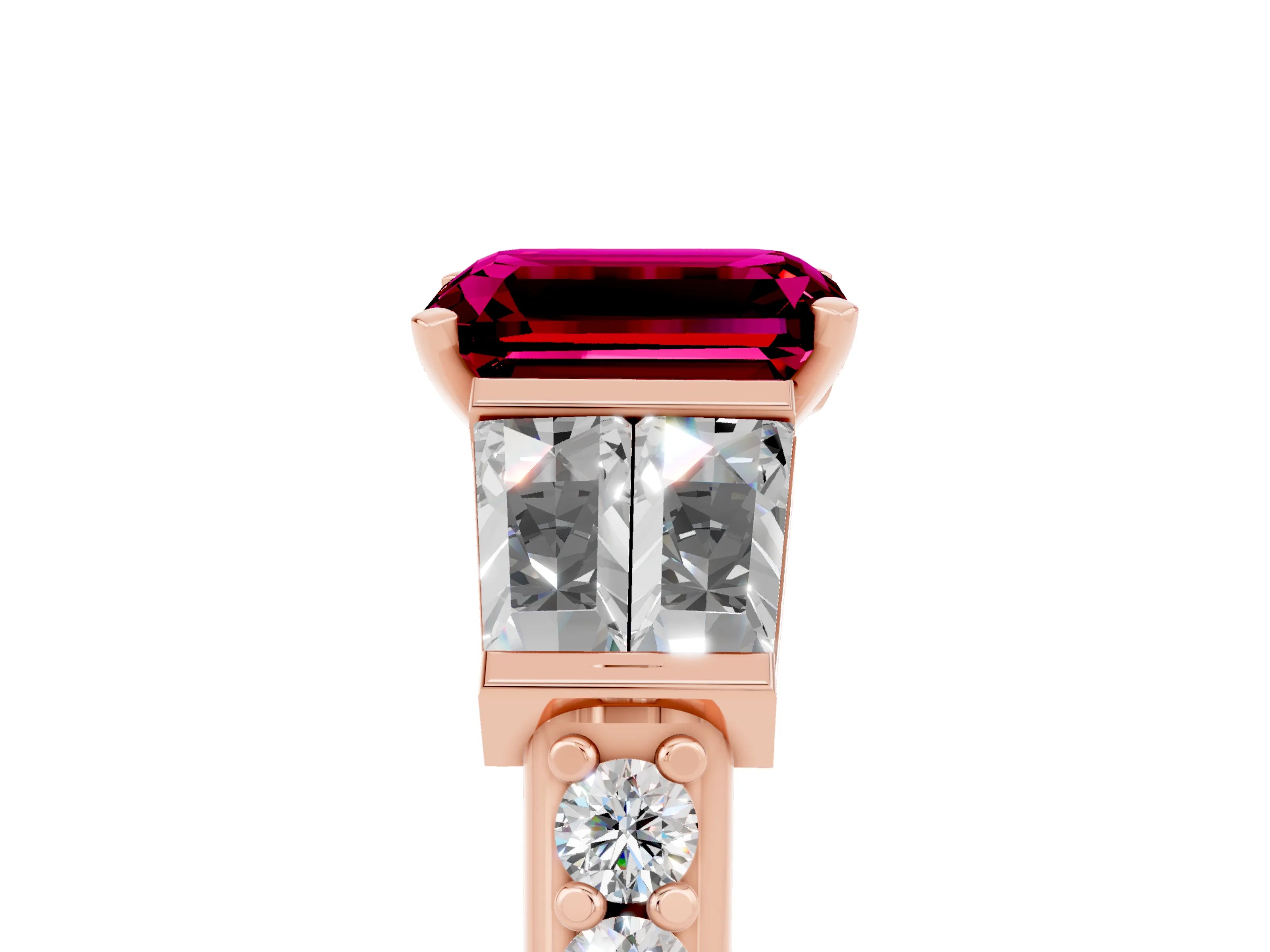 Rose gold Emerald Cut Garnet Engagement Ring with Baguette Side Stones and Channel Set Band_5