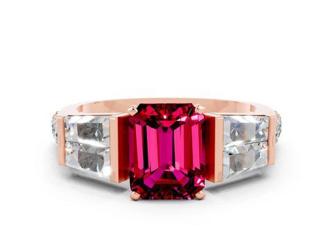 Rose gold Emerald Cut Garnet Engagement Ring with Baguette Side Stones and Channel Set Band