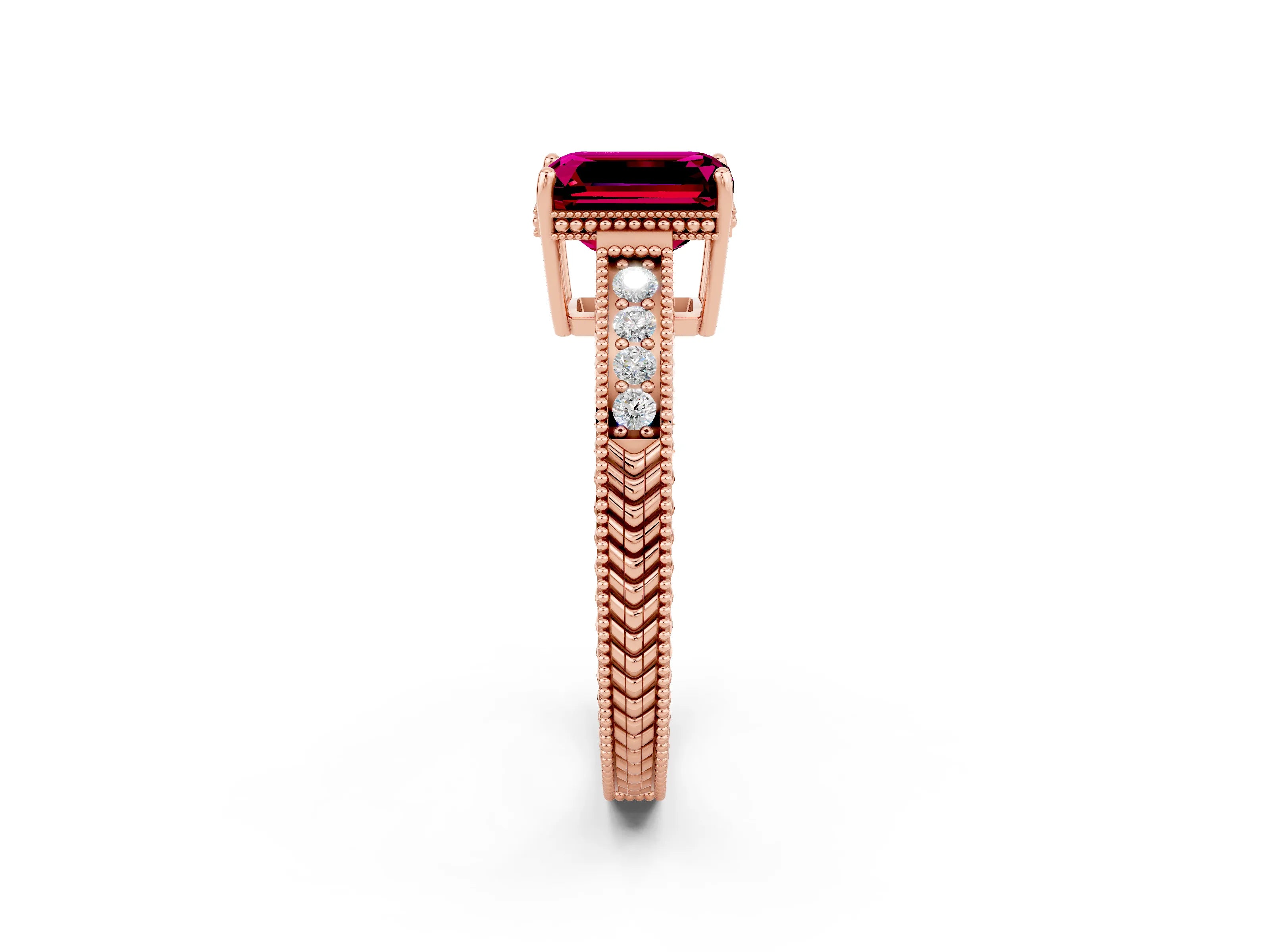 Rose gold Emerald Cut Garnet Engagement Ring with Milgrain Channel Set Band and Prong Setting_2