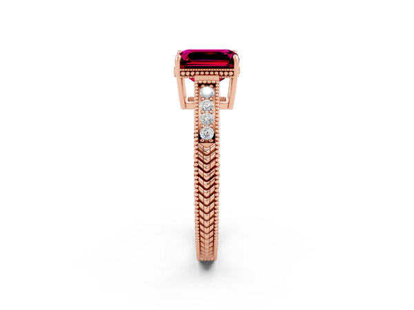 Rose gold Emerald Cut Garnet Engagement Ring with Milgrain Channel Set Band and Prong Setting