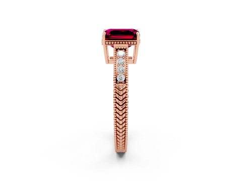 Rose gold Emerald Cut Garnet Engagement Ring with Milgrain Channel Set Band and Prong Setting_2