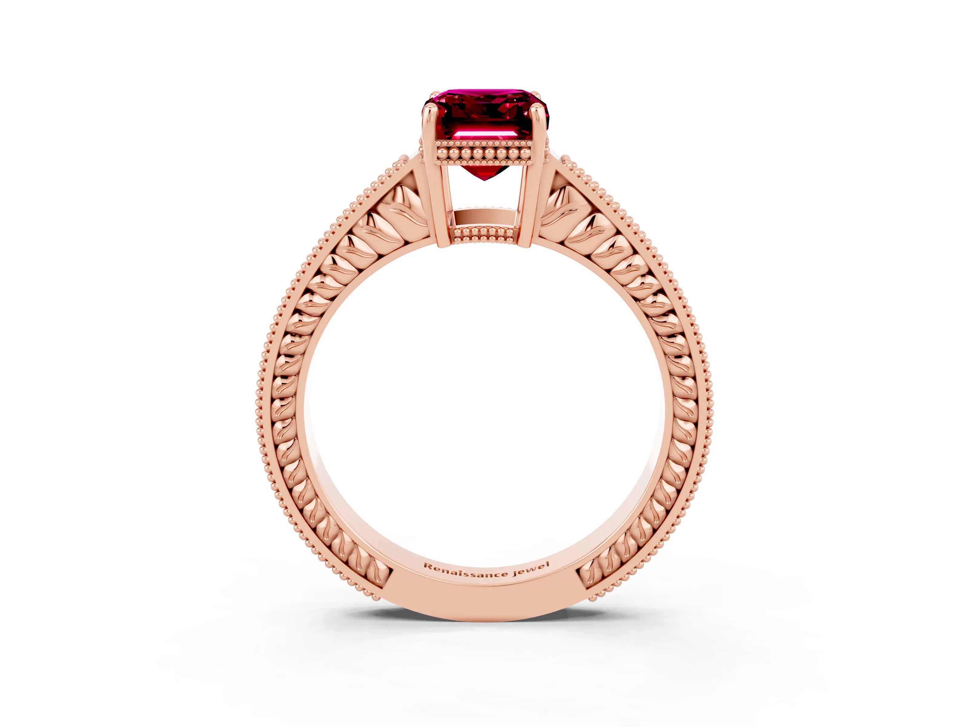Rose gold Emerald Cut Garnet Engagement Ring with Milgrain Channel Set Band and Prong Setting_3