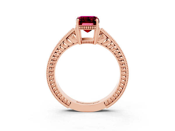 Rose gold Emerald Cut Garnet Engagement Ring with Milgrain Channel Set Band and Prong Setting