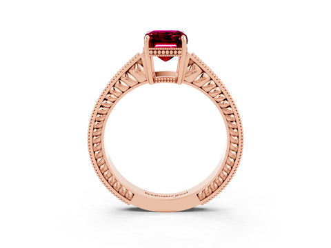 Rose gold Emerald Cut Garnet Engagement Ring with Milgrain Channel Set Band and Prong Setting_3