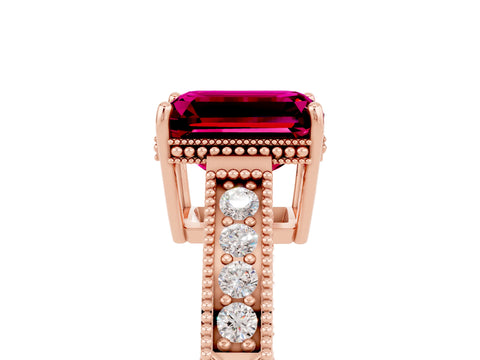 Rose gold Emerald Cut Garnet Engagement Ring with Milgrain Channel Set Band and Prong Setting_5
