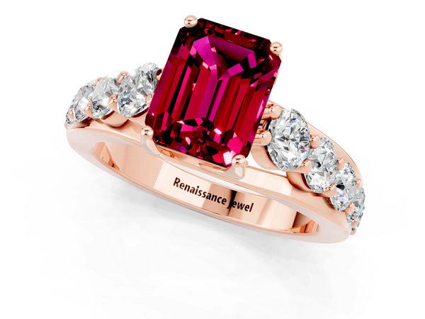 Rose gold Emerald Cut Garnet Engagement Ring with Pavé Band and Four-Prong Setting