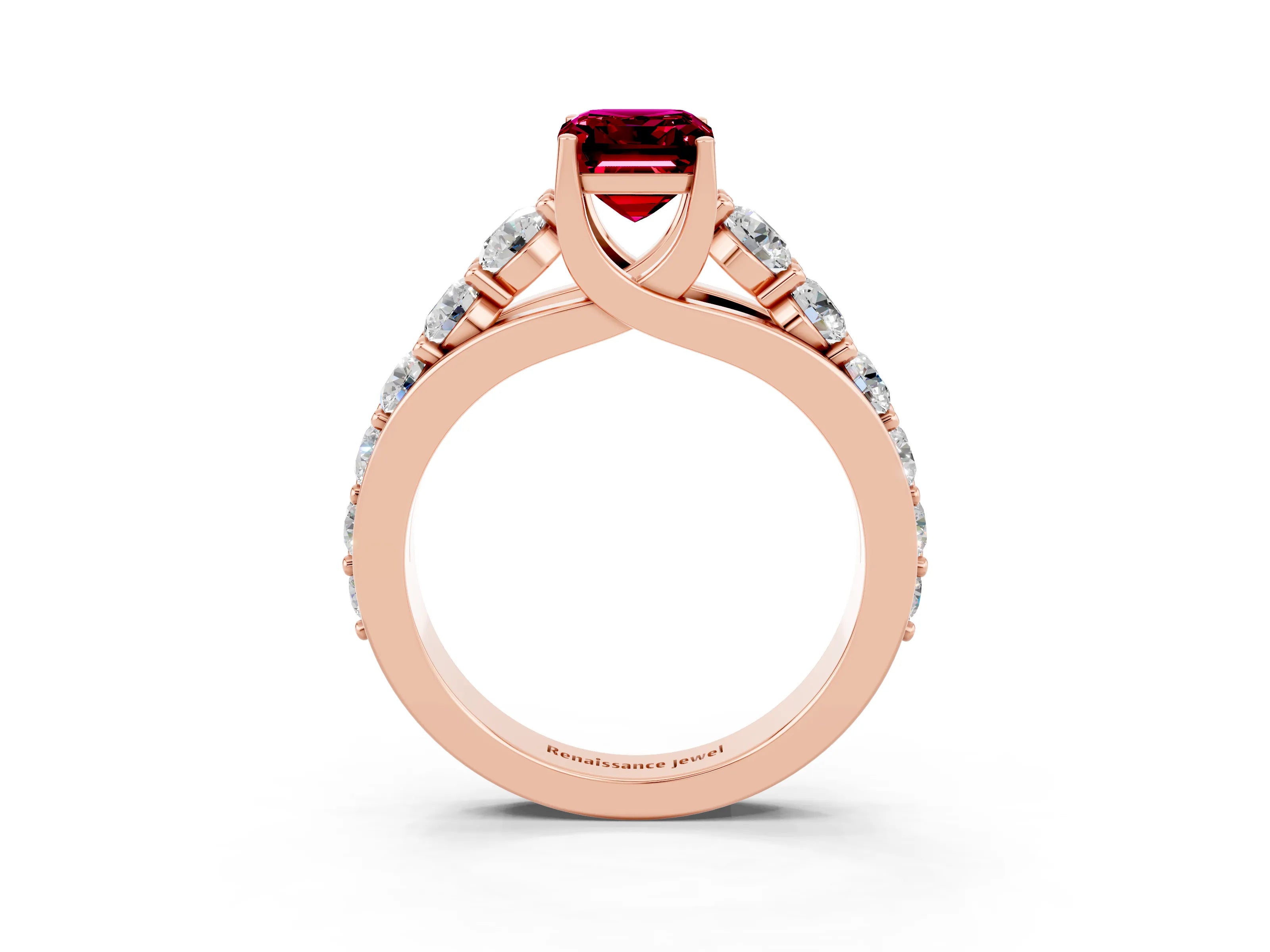 Rose gold Emerald Cut Garnet Engagement Ring with Pavé Band and Four-Prong Setting_3