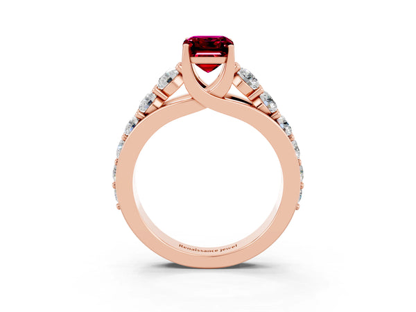 Rose gold Emerald Cut Garnet Engagement Ring with Pavé Band and Four-Prong Setting