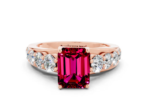 Rose gold Emerald Cut Garnet Engagement Ring with Pavé Band and Four-Prong Setting