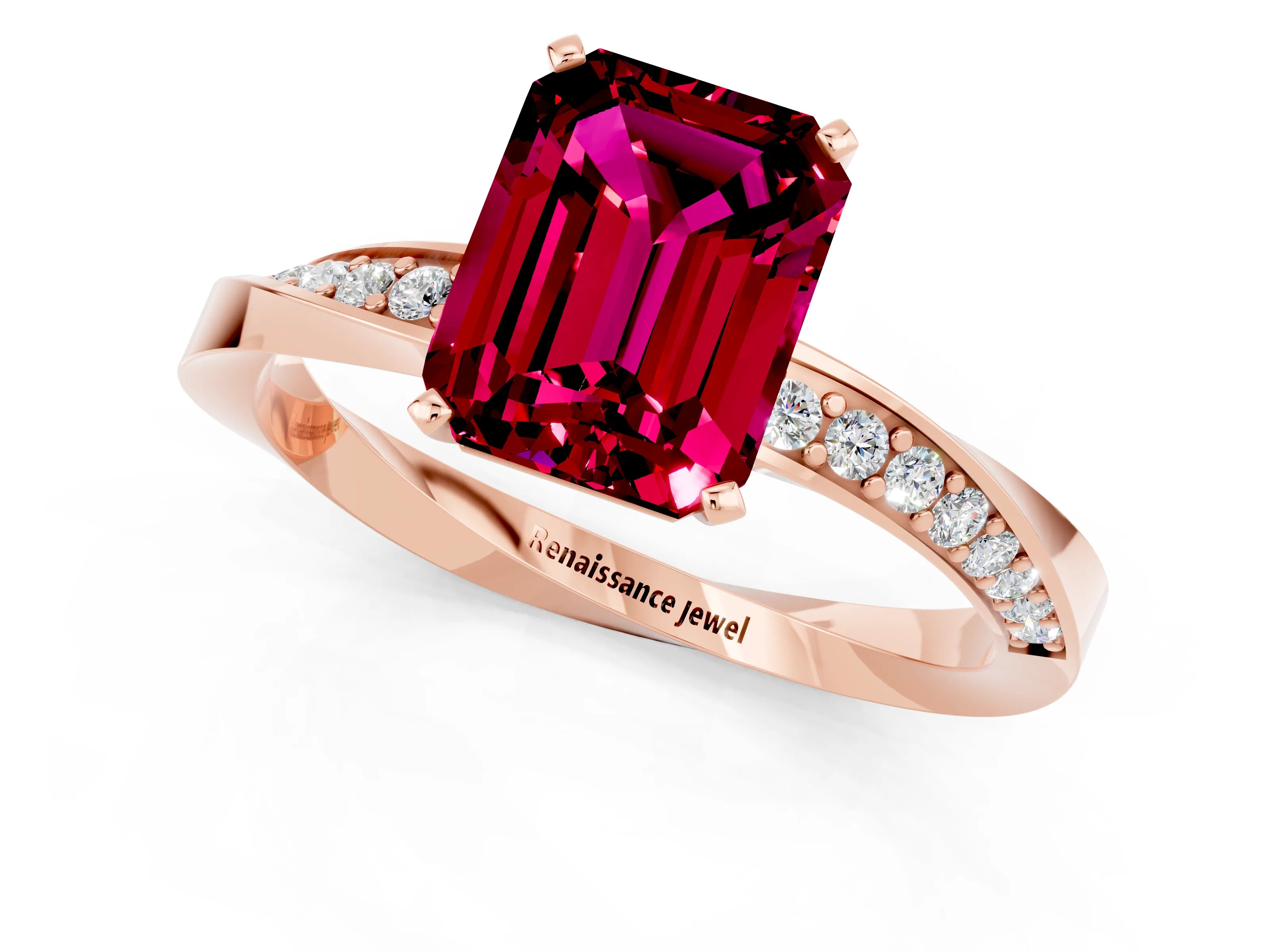 Rose gold Emerald Cut Garnet Engagement Ring with Side Stone Accents and Four-Prong Setting_28