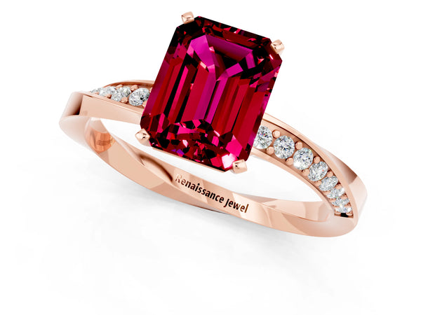 Rose gold Emerald Cut Garnet Engagement Ring with Side Stone Accents and Four-Prong Setting